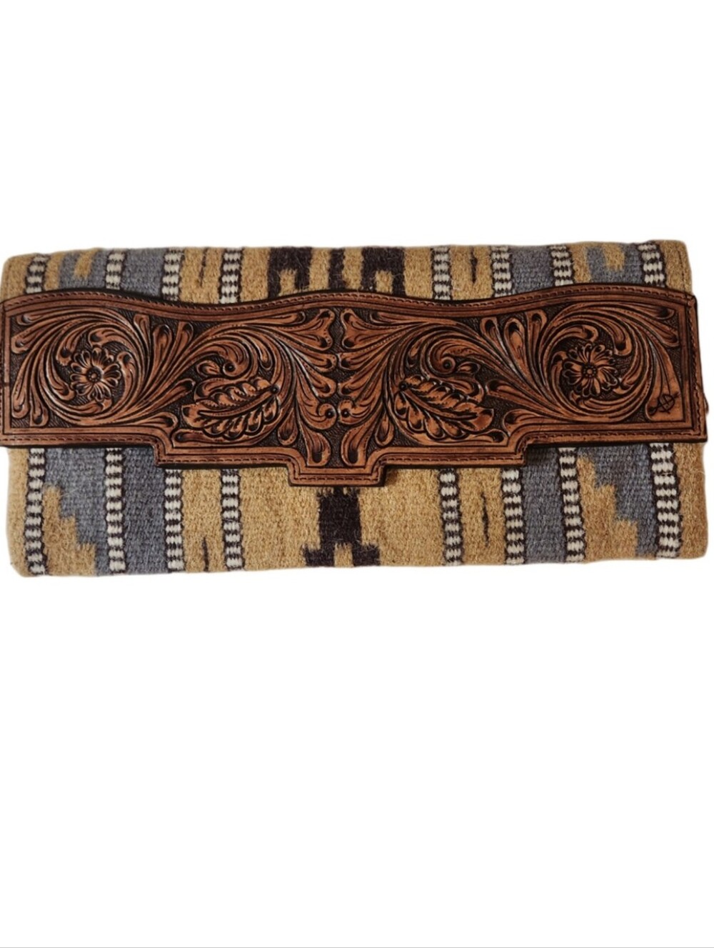American Darling Tooled  Leather Accent Southwestern Clutch - Tan & Gray